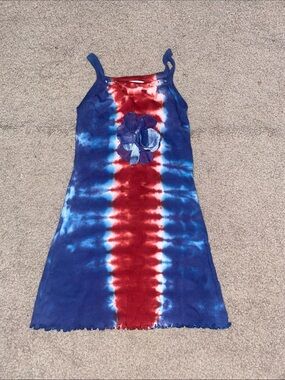 Blue and Red Tie-Dye Girls' Tank Dress with Flower Accent